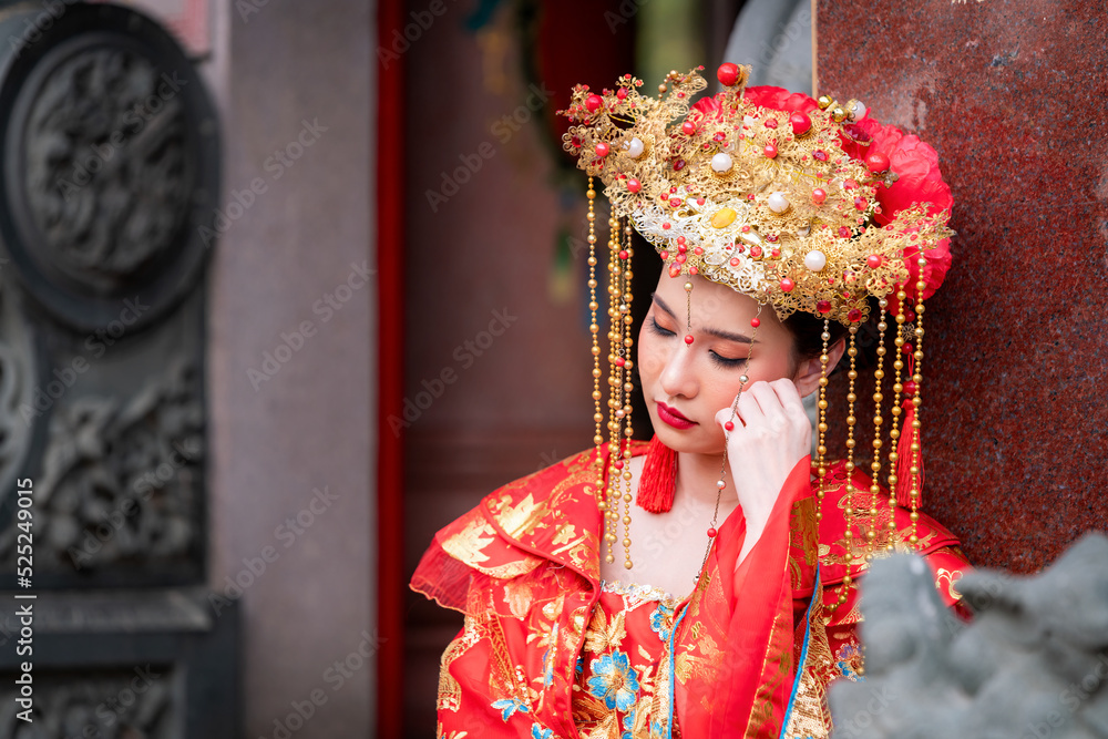 Portrait young beautiful Asian woman wear red cheongsam red Portrait young beautiful Asian woman wear red cheongsam red