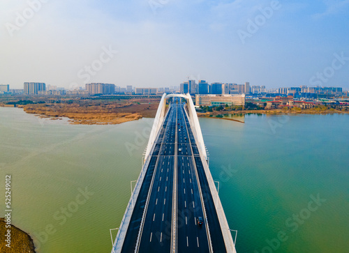 Aerial photography of Qianzi Lake Bridge and Wetland Park in Jintan District, Changzhou City, Jiangsu Province, China photo