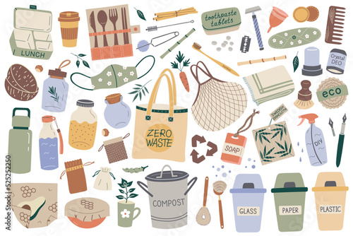 Zero waste hand drawn doodle collection, vector illustrations of reusable eco items, menstrual cup, shopping bags, glass jars, eco friendly isolated colored clipart on white background