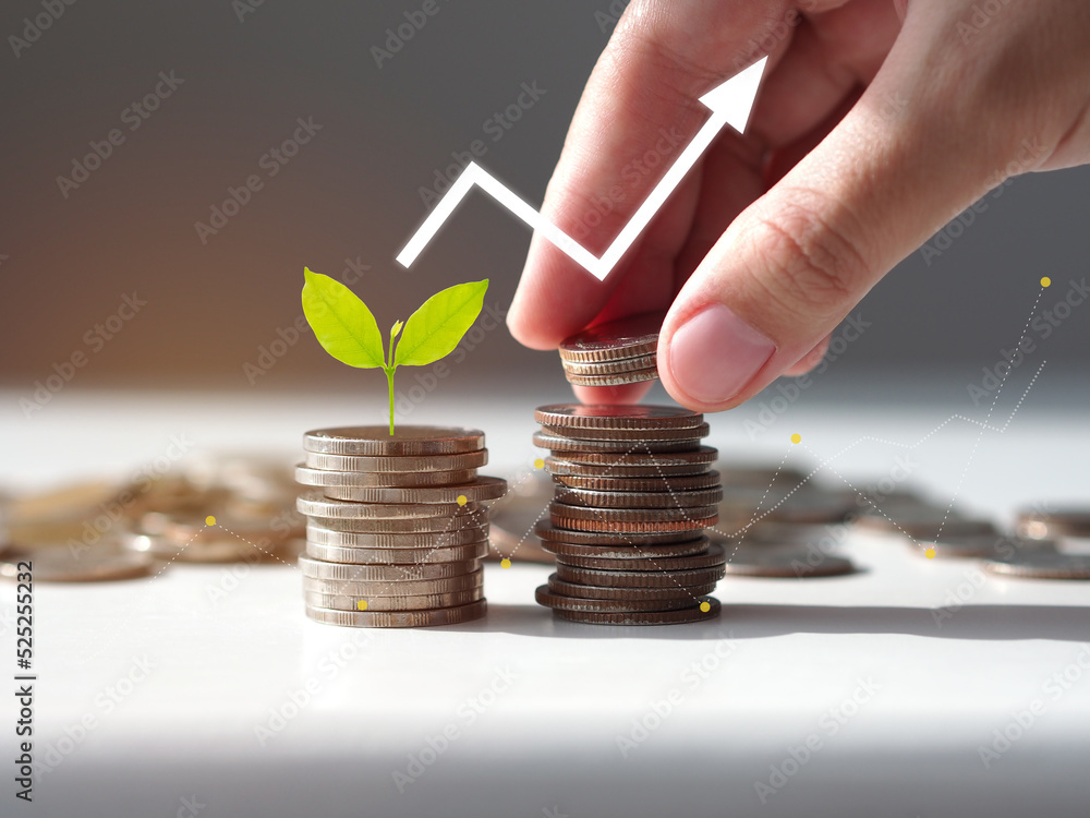 Φωτογραφία Money investment concept to make money grow, woman's hand putting coin on pile of coins with white arrow icon pointing up