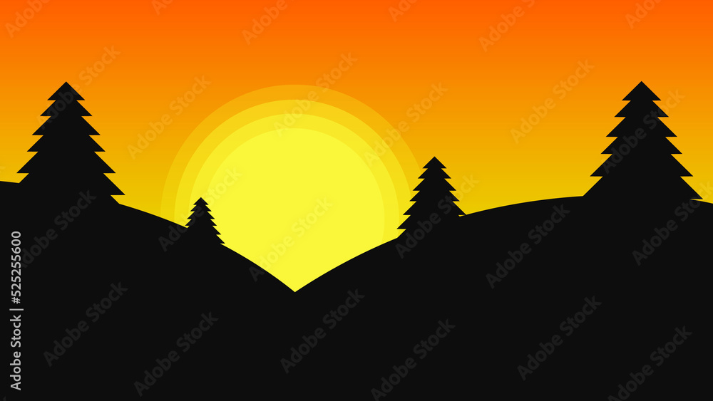 Explainer Video animation background. Simple Flat 2D Sunset landscape cartoon-like animation.