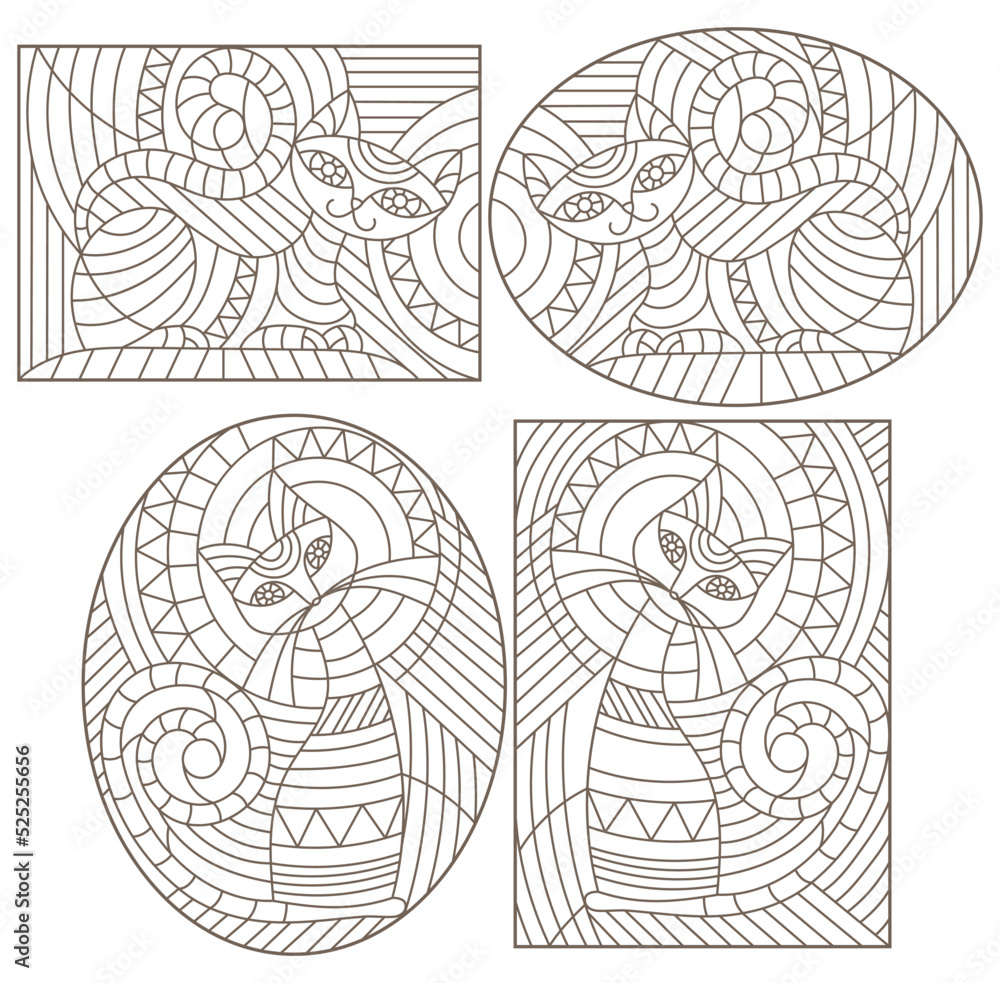 Set of outline illustrations in the style of stained glass with abstract cats , dark outlines on white background Set of outline illustrations in the style of stained glass with abstract cats , dark outlines on white background
