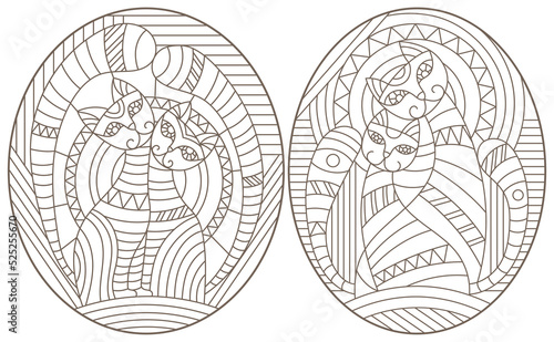 Set of outline illustrations in the style of stained glass with abstract cats , dark outlines on white background
