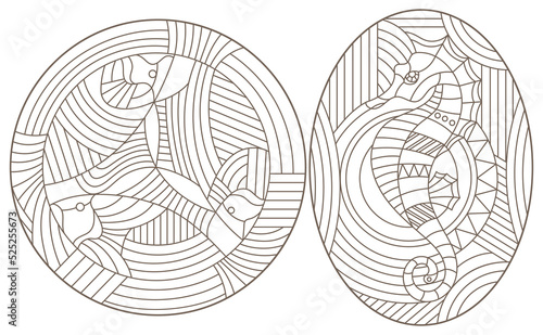 Set of outline illustrations of stained glass Windows with fishes and seahorse, dark outlines on white background