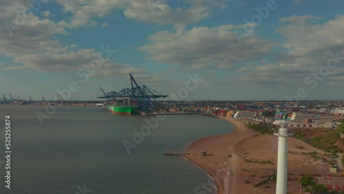 Wide rising drone shot of felixstowe port photo
