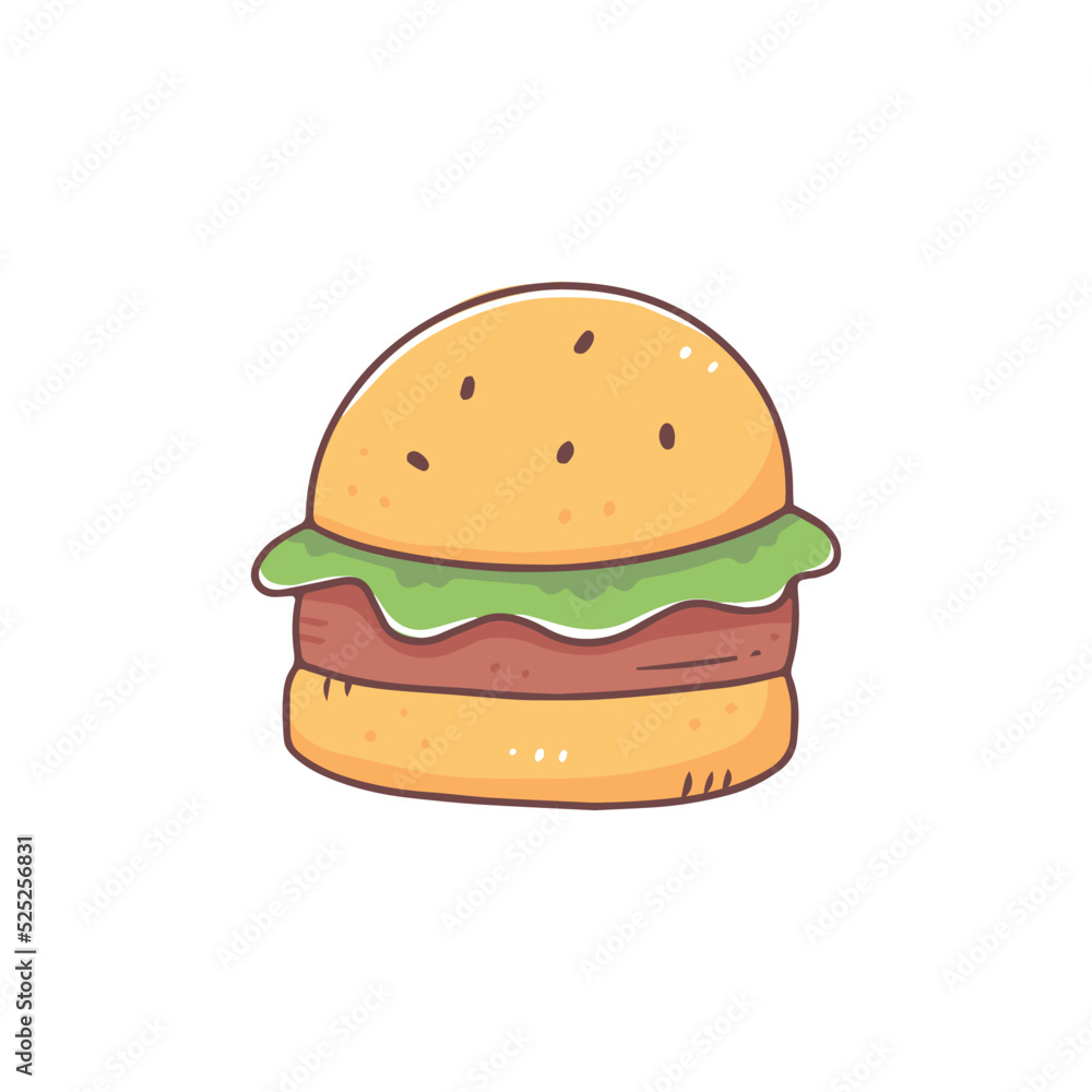 Burger in cartoon doodle style. Vector isolated food illustration on the background. Burger in cartoon doodle style. Vector isolated food illustration on the background.