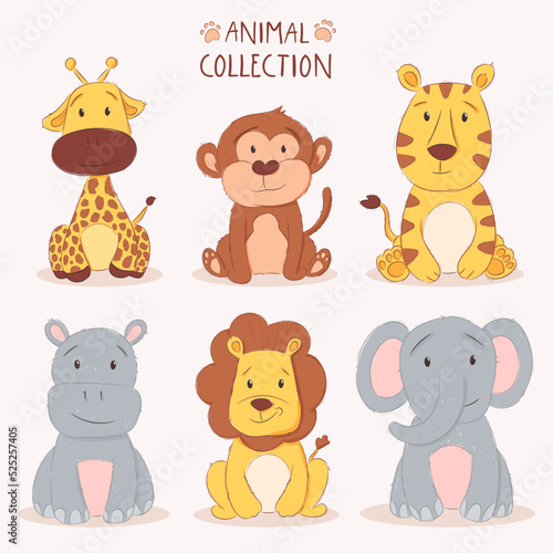 Cute baby animals set. African animals in children performance for use in printing and interior. Hand drawn color illustrations for the little ones.