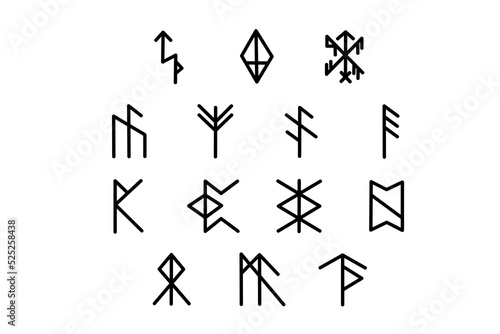 Set of Norse runes. Collection of Icelandic symbols. Viking alphabet. Celtic sign. Magic runes. 