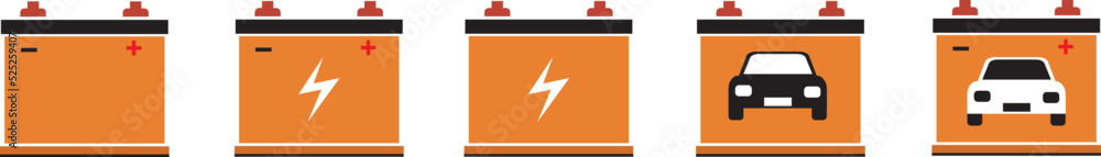 Car battery icon collection. Energy power accumulator. Automotive charge sign. Auto battery symbols isolated on white background. Vector illustration. Car battery icon collection. Energy power accumulator. Automotive charge sign. Auto battery symbols isolated on white background. Vector illustration.