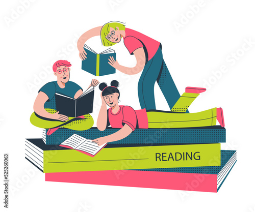 Back to school. School kids reading books, education concept. Group of friends studying together. Reading books club. Vector illustration