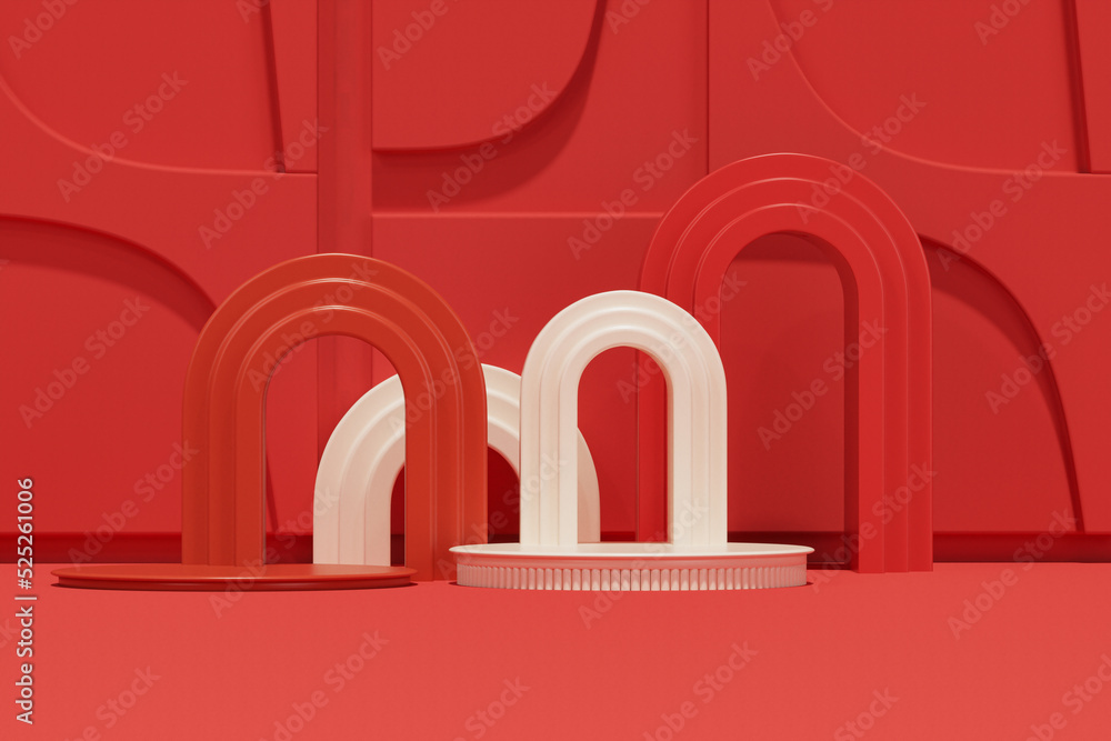 Fototapeta premium Realistic dark red and white 3D cylinder pedestal podium with red arch shape backdrop. Minimal scene for products, Promotion display. Abstract studio room platform. Holiday day concept.3d render 