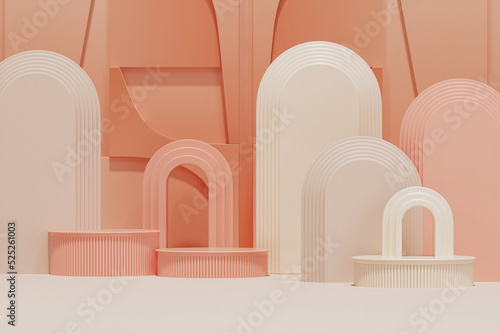 Minimal scene with arch podium and abstract background.White and beige , pink colors scene. Trendy 3d render for social media banners, promotion, cosmetic product show. Geometric shapes interior.
 photo