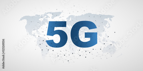 Blue 5G Network Label with Grey World Map and Polygonal Mesh Background - High Speed, Broadband Mobile Telecommunication and Wireless Internet Design, New Cutting Edge Global Mobile Technology Concept