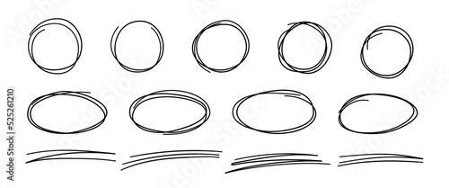 Hand drawn scribble lines, circles and ovals. Doodle sketch underlines. Highlight circle frames. Ellipses in doodle style. Set of vector illustration isolated on white background.