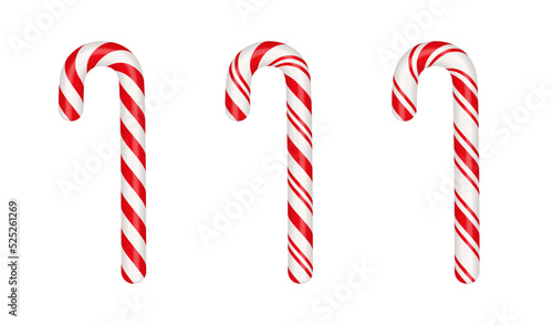 Christmas candy canes. Christmas stick. Traditional xmas candy with red, green and white stripes. Santa caramel cane with striped pattern. Vector illustration isolated on white background.