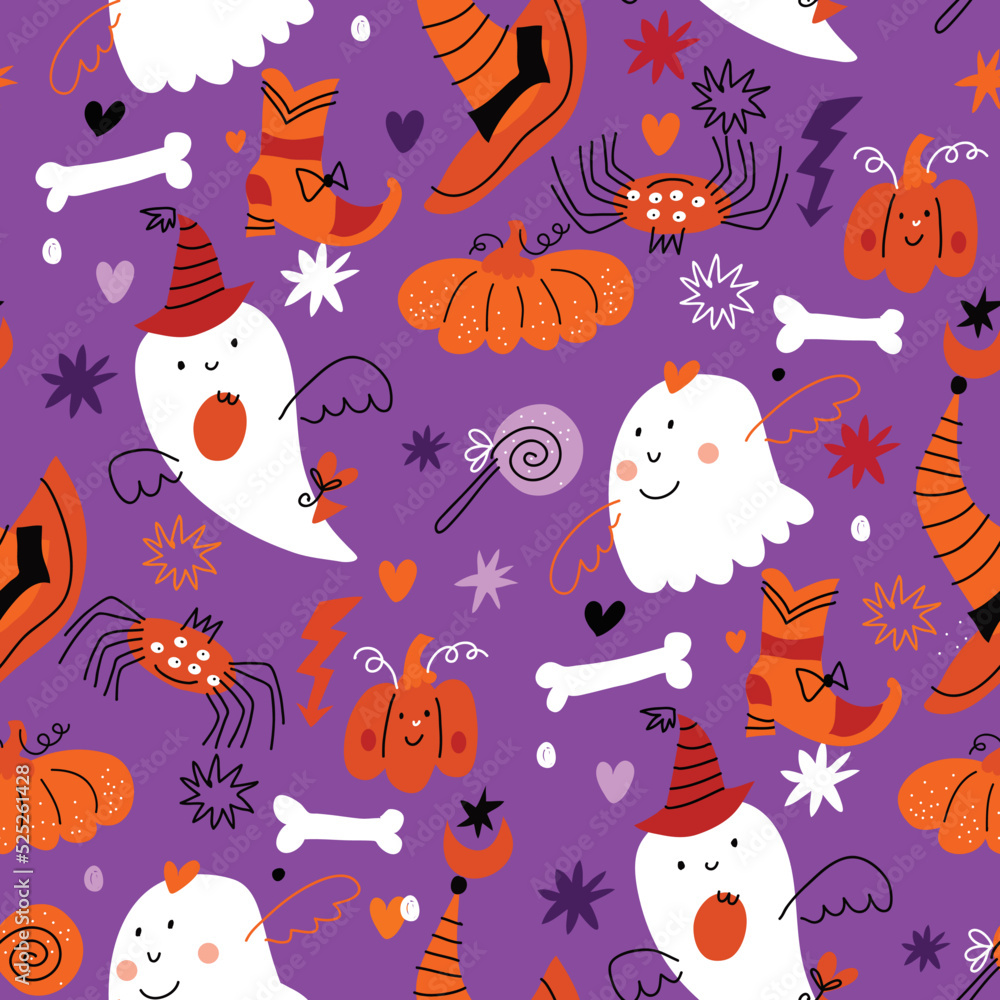 Happy Halloween seamless pattern Pumpkin, bat, ghost, skull, star, owl, spider , hat. Vector cartoon illustration background