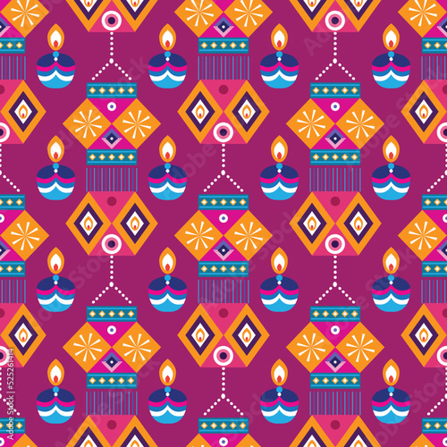 Traditional Indian festival Diwali seamless pattern Happy Festival of lights Deepavali Template for textile, paper, cover Festive Burning diya graphic background Vector abstract flat illustration
