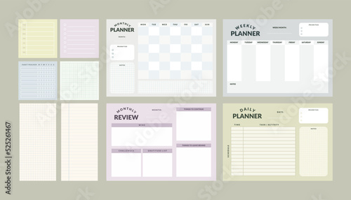 Printable Planner Vector Template Collection with Notepad, Memo Paper, Habit Tracker for Journaling, School Schedule, Business, and Productivity Kit