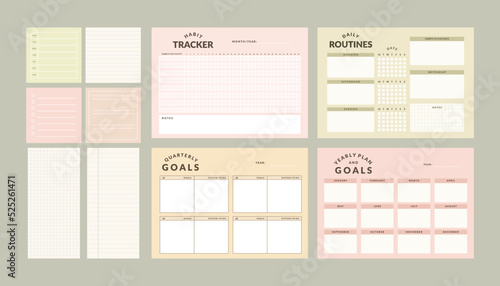 Printable Planner Vector Template Collection with Notepad, Memo Paper, Habit Tracker for Journaling, School Schedule, Business, and Productivity Kit