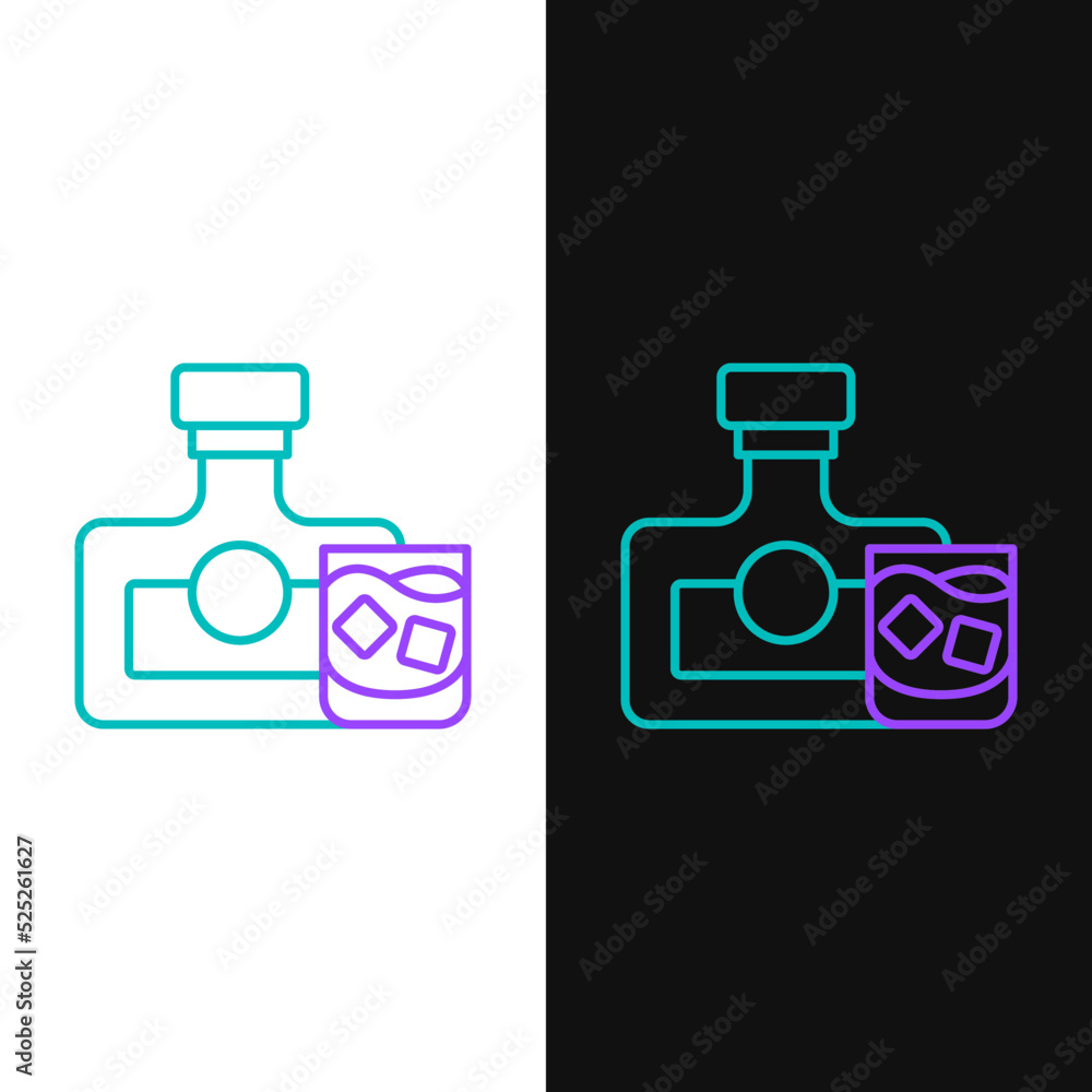 Line Whiskey bottle and glass icon isolated on white and black background. Colorful outline concept. Vector Line Whiskey bottle and glass icon isolated on white and black background. Colorful outline concept. Vector
