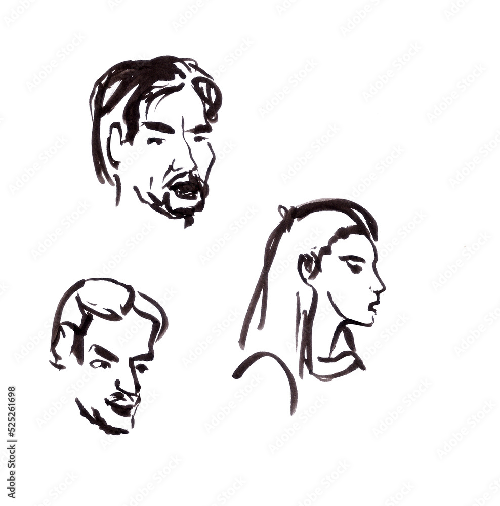 set of three human heads, graphic black and white drawing set of three human heads, graphic black and white drawing