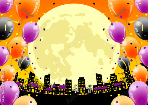 むらさき屋根オレンジ空のハロウィン都市背景ヨコ風船有り