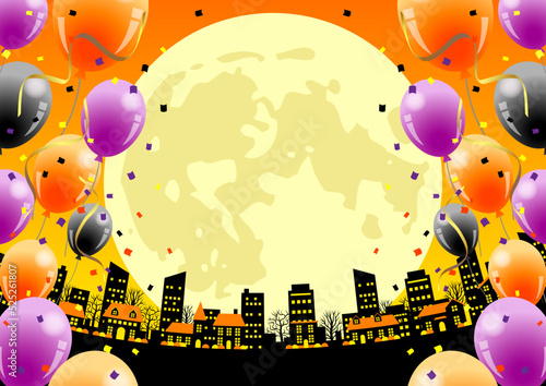 オレンジ屋根オレンジ空のハロウィン都市背景ヨコ風船有り