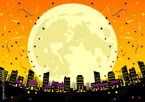 むらさき屋根オレンジ空のハロウィン都市背景ヨコ風船無し