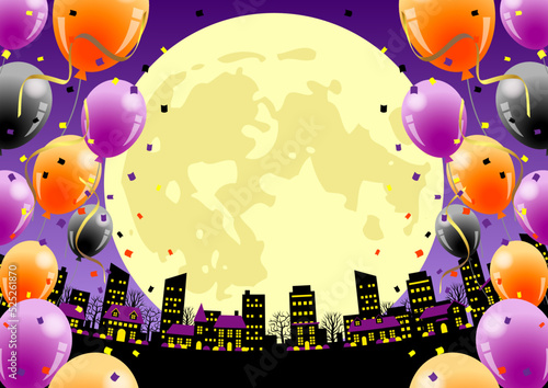 オレンジ屋根むらさき空のハロウィン都市背景ヨコ風船有り