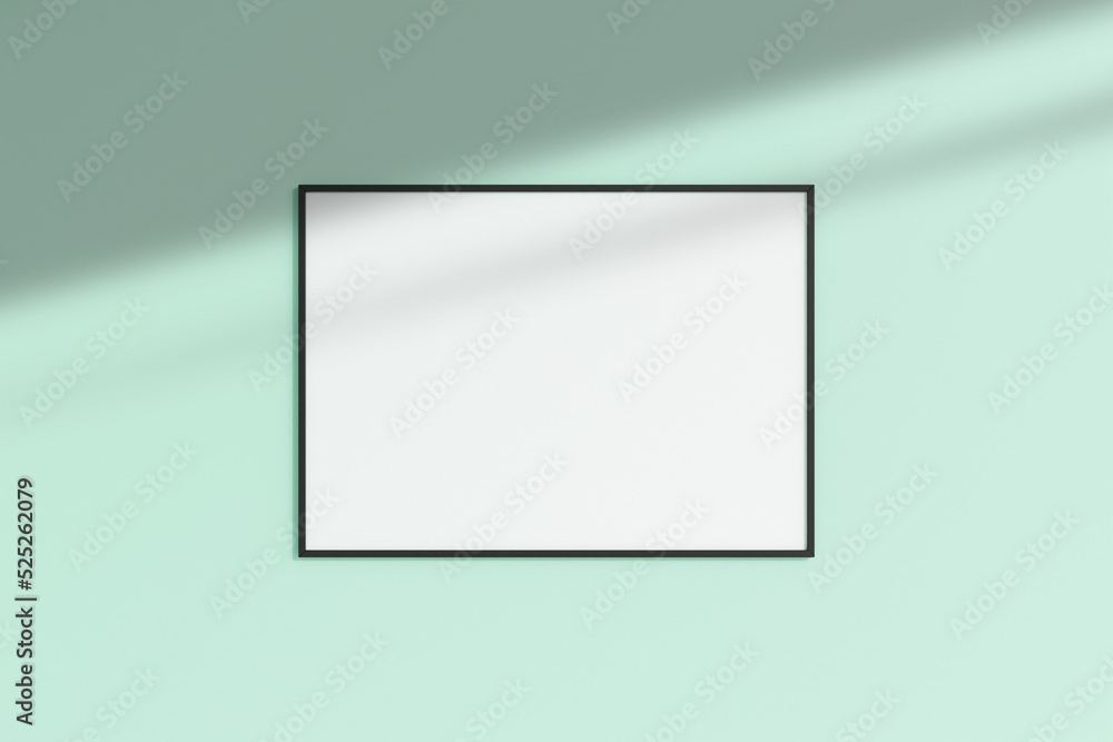 Realistic black horizontal photo frame mockup hanging on empty wall room with shadow. 3d rendering.