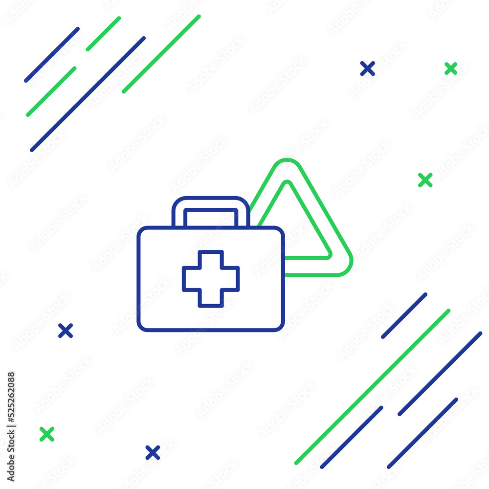 Fototapeta premium Line First aid kit and warning triangle icon isolated on white background. Must be in the car. Colorful outline concept. Vector