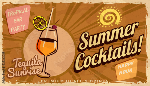 Summer Tequila Sunrise Cocktail Retro banner. Cocktail lounge vintage background, scratched old textured paper
