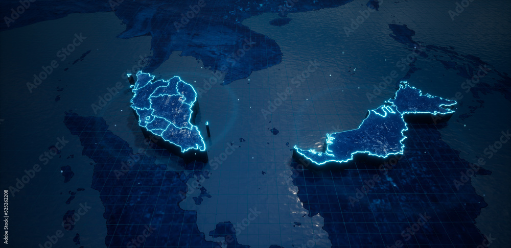 Obraz premium Abstract geometric futuristic concept 3d Map of Malaysia with borders as scribble, blue neon style. 3d rendering