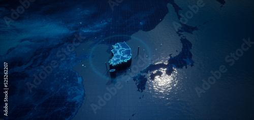 Abstract  geometric futuristic concept 3d Map of South Korea with borders as scribble,  blue neon style. 3d rendering