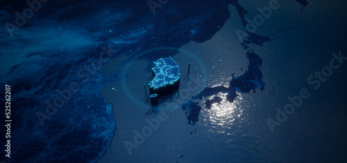 Abstract geometric futuristic concept 3d Map of South Korea with borders as scribble, blue neon style. 3d rendering