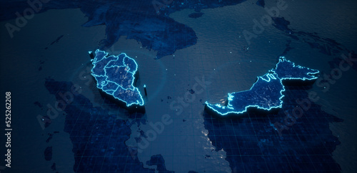 Abstract  geometric futuristic concept 3d Map of Malaysia with borders as scribble,  blue neon style. 3d rendering