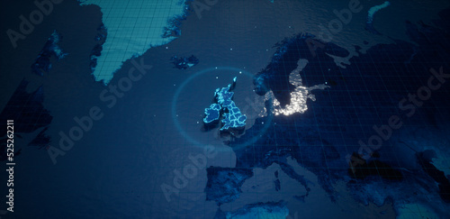 Abstract geometric futuristic concept 3d Map of United Kingdom with borders as scribble, blue neon style. 3d rendering