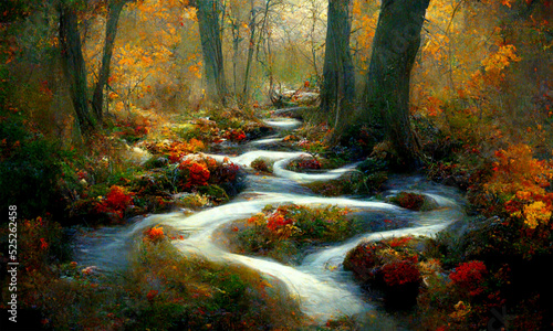 Fotografia stream flow through autumn forest, landscape, digital illustration