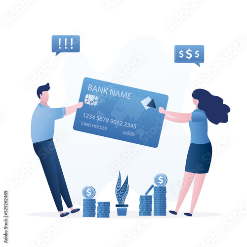 Married couple shares credit card, family budget. Shared money, conflict over financial spending. Disagreement with expenses. Husband and wife pull plastic card in different directions.