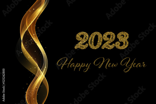 Festive background of wavy golden transparent wave with golden dust, happy new year 2023
