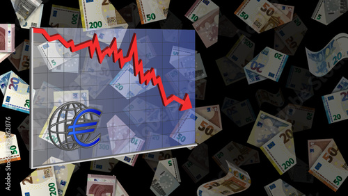 3d vector economic graph of the fall of the European currency, a red arrow and a symbol on the background of curved paper banknotes of 5, 10, 20, 50 and 200 euros falling into a darkness