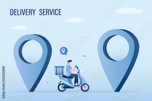 Delivery service, concept. Male courier or delivery man drive motorbike with parcel. Fast shipping. Courier drive from one navigation pointer to new delivery place. Express shipping, logistic