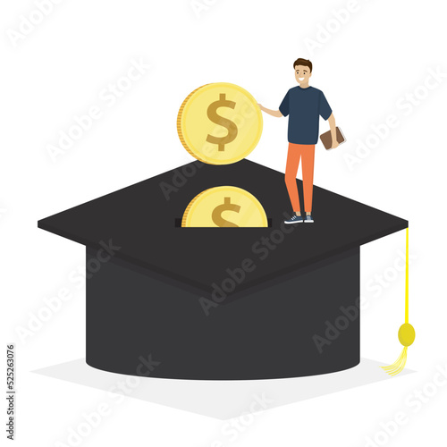 Smart student insert big dollar coin into mortarboard saving box while. Education fund for college, saving for school or university tuition fee. Study cost for training expense. Student loan.