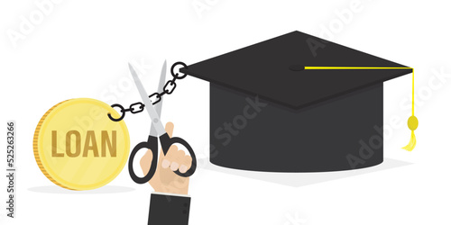 Graduation hat is chained to loan. Large scissors cut chain, debt relief. Grant for education. Loan repayment. High tuition fees. Education fund, payment for college. photo