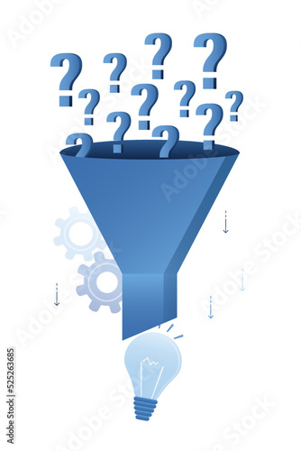 Solving problem, brainstorming, concept. Problems research and discover new idea, creativity to answer questions, huge funnel or filter to get solution from question marks.