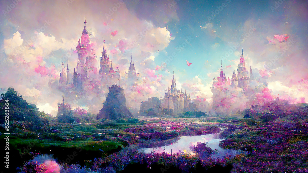 Obraz premium Illustration of a fairytale dreamlike castle in pastel colors, magical and mystical medieval kingdom, generative AI