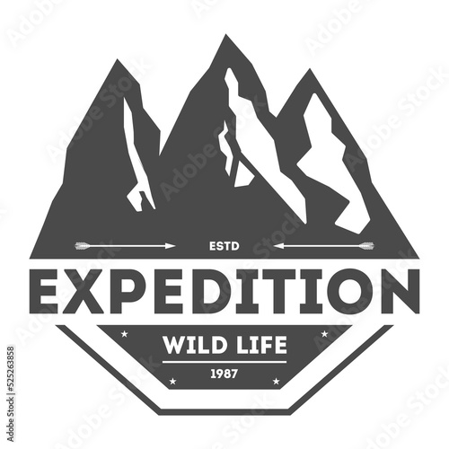 Mountain explorer vintage isolated label vector illustration. Mountain expeditions icon. Wild life concept. Adventure outdoor resort and hiking logo.