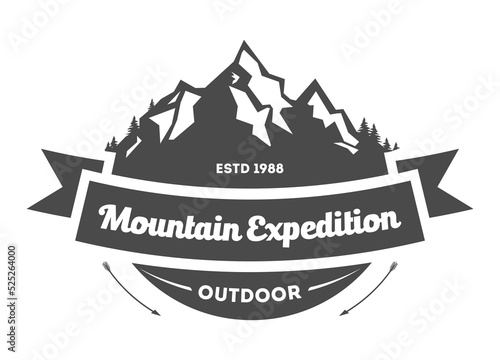 Mountain explorer vintage isolated label vector illustration. Mountain expeditions icon. Wild life concept. Adventure outdoor resort and hiking logo. Mountain logo vector template