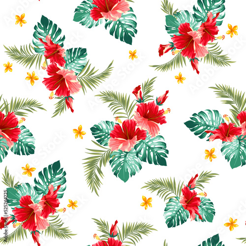 Beautiful tropical flower and plant seamless pattern 