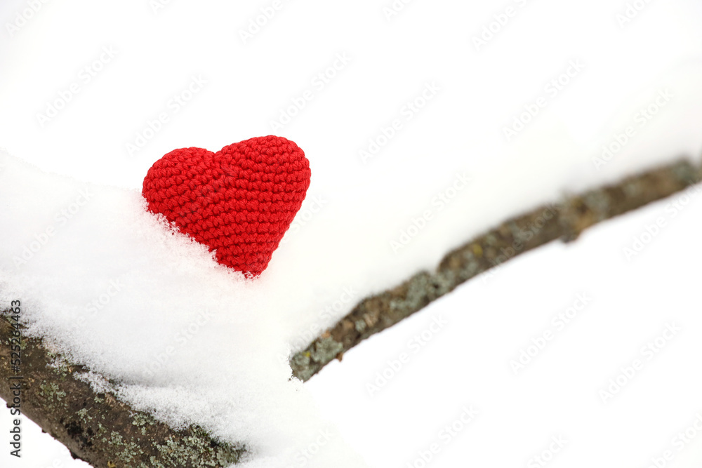 Fototapeta premium Christmas heart, red knitted symbol of love in the snow on tree branch. New Year celebration, winter weather